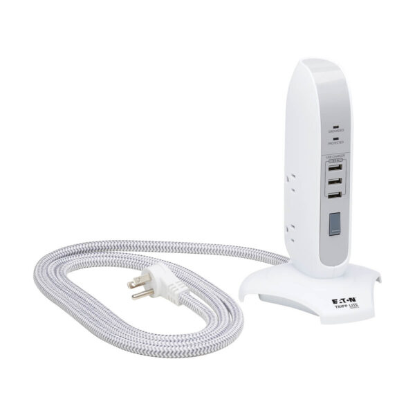 Tripp Lite series 5-Outlet Surge Protector Tower, 3x USB Ports (3.1A Shared), 6 ft. Cord, 5-15P Plug, 1200 Joules, White