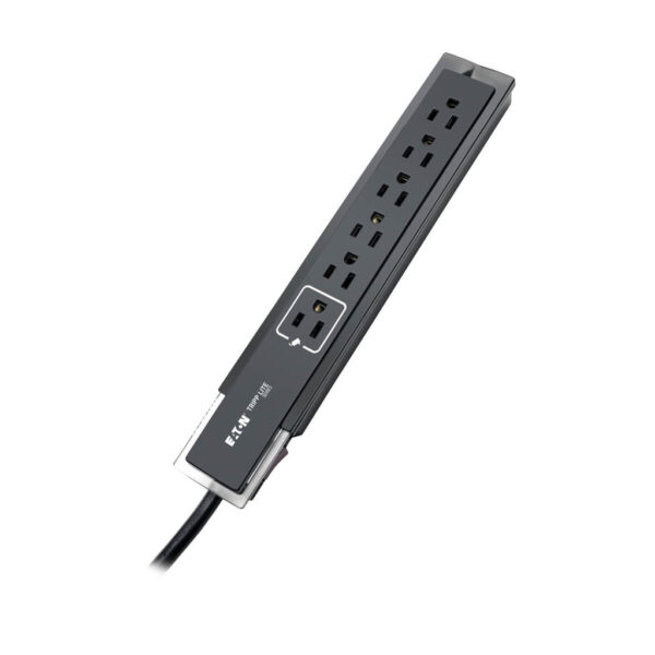 Tripp Lite Protect It! 6-Outlet Surge Protector, 1440 Joules, Tel/Modem Protection, Right-Angle Plug, Side Switch, 6 ft. Cord, Black - TLP606SSTELB
