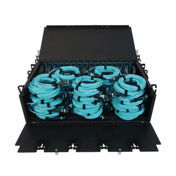 d02135984f24aa4dbdd5cf5f0772b4b4 Tripp Lite series Preloaded Fiber Patch Panel, 3U - 64x (12F MTP/MPO-PC to 4x LC Duplex F/F) 8F Trunk Cables, OM4 Multimode, 3 m (9.8 ft.)