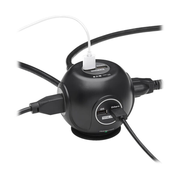 d06f65835233417b48feddac44119e55 Tripp Lite series 3-Outlet Spherical Surge Protector, 4 USB Ports (4.8A Shared) - 6 ft. (1.83 m) Cord, 5-15P Plug, 540 Joules, Black