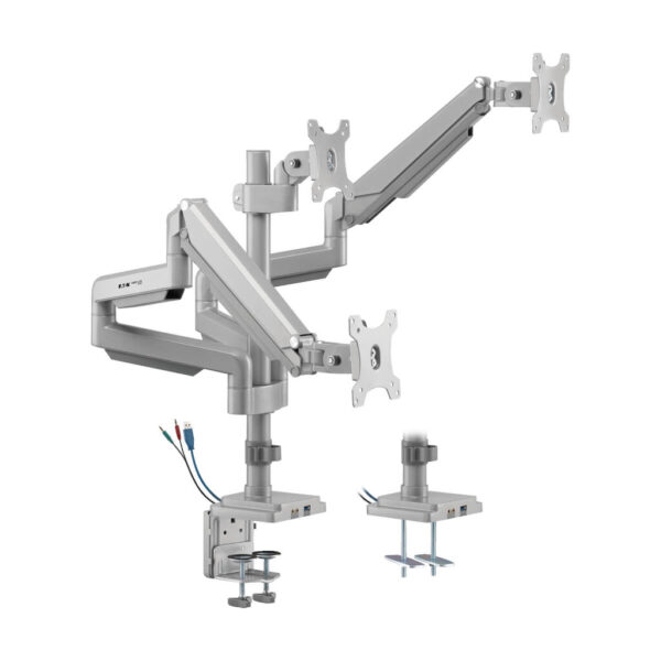 Tripp Lite series Triple-Display Gas-Spring Flex-Arm Desktop Clamp and Grommet for 17” to 30” Flat-Screen Displays - USB and Audio Ports, Aluminum