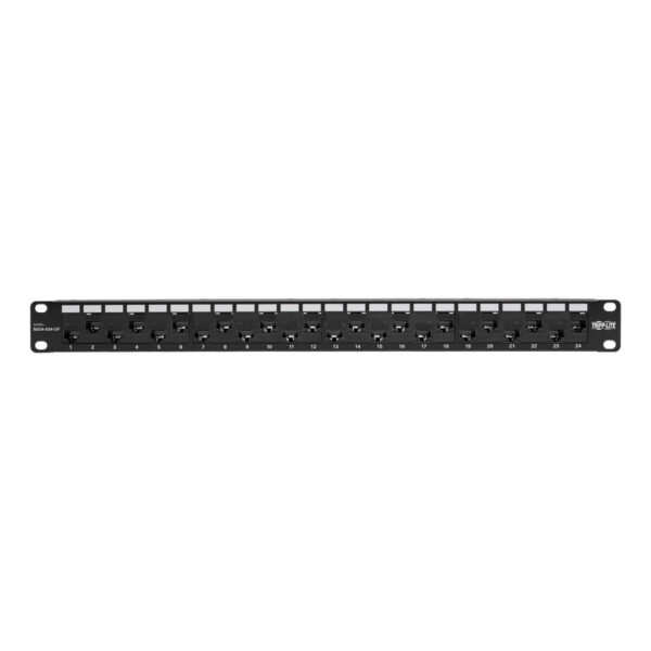 Tripp Lite series 24-Port 1U Rack-Mount Cat5e/6 Offset Feed-Through Patch Panel with Cable Management Bar, RJ45 Ethernet, TAA