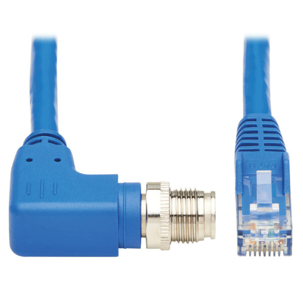 Tripp Lite series M12 X-Code Cat6 1G UTP CMR-LP Ethernet Cable (Right-Angle M12 M/RJ45 M), IP68, PoE, Blue, 1 m (3.3 ft.), TAA
