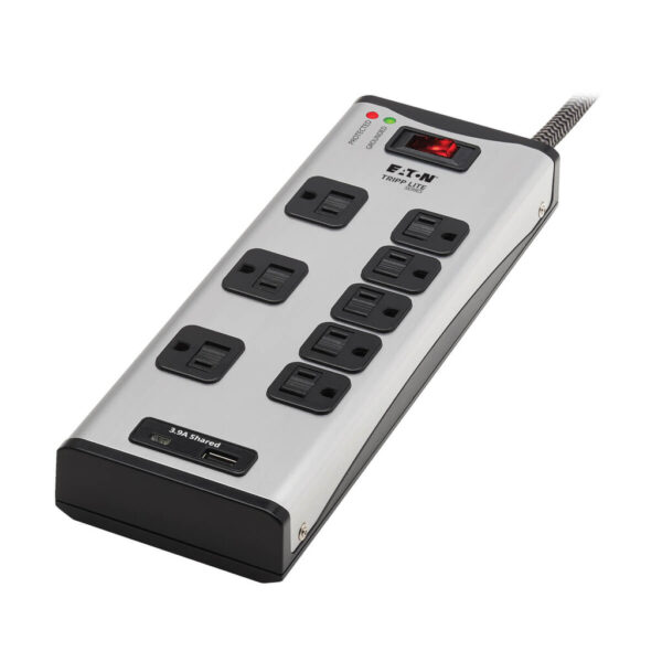 d2a31a2cf379e0176926af6dfe31bf69 Tripp Lite series 8-Outlet Surge Protector with 1 USB-A and 1 USB-C (3.9A Shared) - 8 ft. Cord, 2100 Joules, Metal Housing