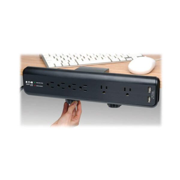 Tripp Lite series Protect It! 6-Outlet Clamp-Mount Surge Protector, 6 ft. (1.83 m) Cord, 2100 Joules, 2 x USB Charging ports (2.1A total)