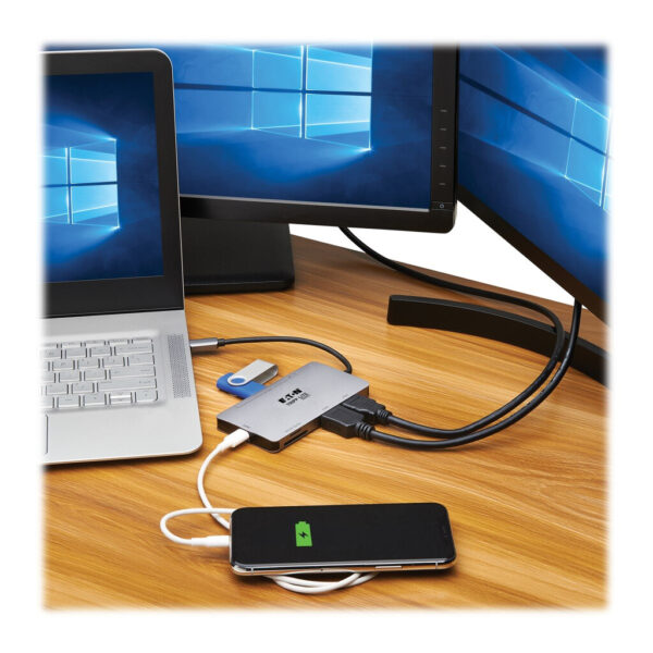 d53b352eab45b895470bb4c7bbbd27c1 Tripp Lite series USB-C Dock, Dual Display - 4K 60 Hz HDMI, USB 3.x (5Gbps) Hub Ports, Memory Card, 100W PD Charging, Gray