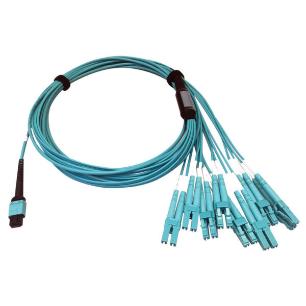 Tripp Lite series 400G Multimode 50/125 OM4 Plenum Fiber Optic Breakout Cable, 24F MTP/MPO-PC to (x4) LC Duplex (F/M), Aqua, 3 m