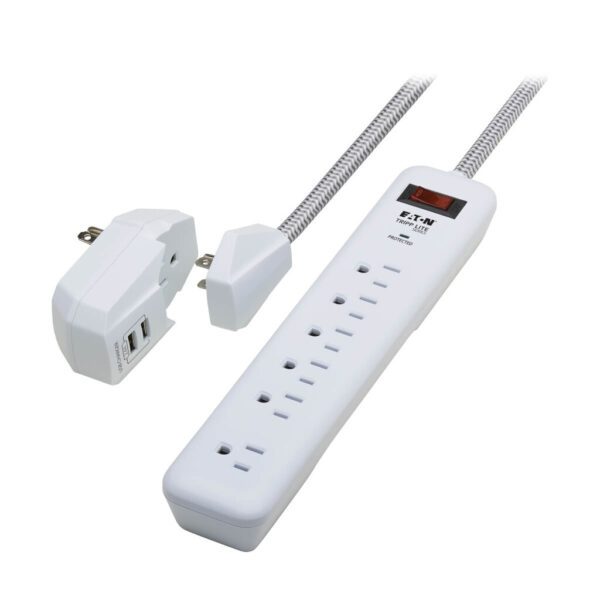 Tripp Lite 7-Outlet Surge Protector, 6 on Strip + 1 on Detachable Charger Plug, 2 USB (2.4A Shared), 900 Joules, 6 ft. Cord, 5-15P, White - TLP616USB