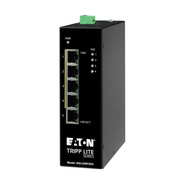 Tripp Lite series 5-Port Unmanaged Industrial Gigabit Ethernet Switch - 10/100/1000 Mbps, PoE+ 30W, -10° to 60°C, DIN Mount, TAA