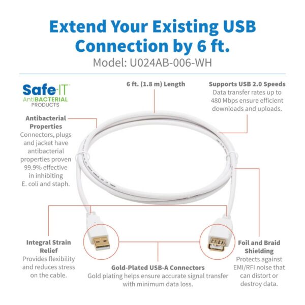 Tripp Lite series Safe-IT USB 2.0 Antibacterial Extension Cable (A M/F), USB 2.0, White, 6 ft. (1.83 m)