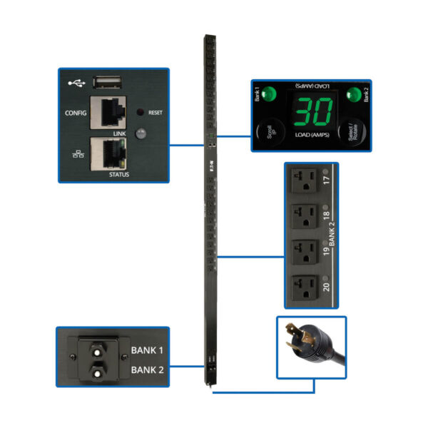 d82e69ef1a3b44961e8c7a38e6a93fb5 Eaton 2.9kW Single-Phase Switched PDU - LX Interface, 120V Outlets (24 5-15/20R), 10 ft. (3.05 m) Cord with L5-30P, 0U, TAA