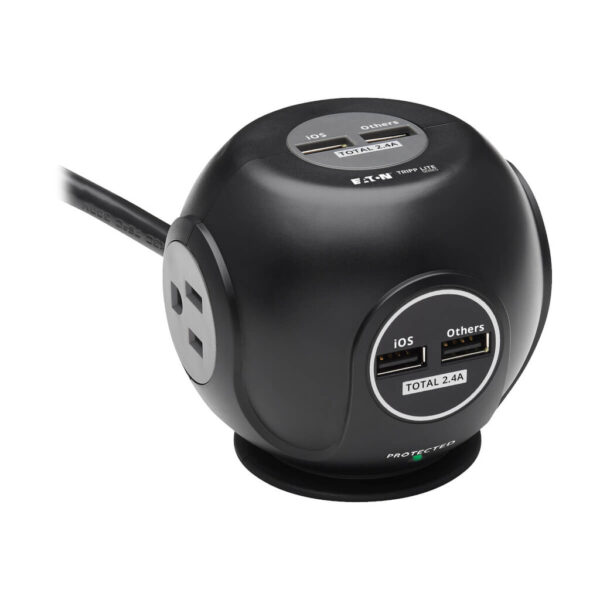 d843f63d22696f12233878c3efa8761c Tripp Lite series 3-Outlet Spherical Surge Protector, 4 USB Ports (4.8A Shared) - 6 ft. (1.83 m) Cord, 5-15P Plug, 540 Joules, Black