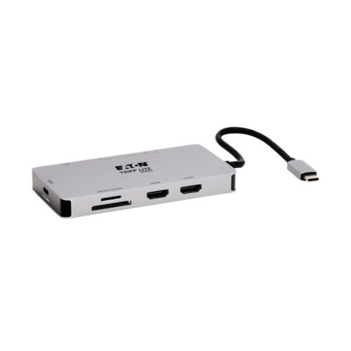 Tripp Lite series USB-C Dock, Dual Display - 4K 60 Hz HDMI, USB 3.x (5Gbps) Hub Ports, GbE, Memory Card, 100W PD Charging, Gray