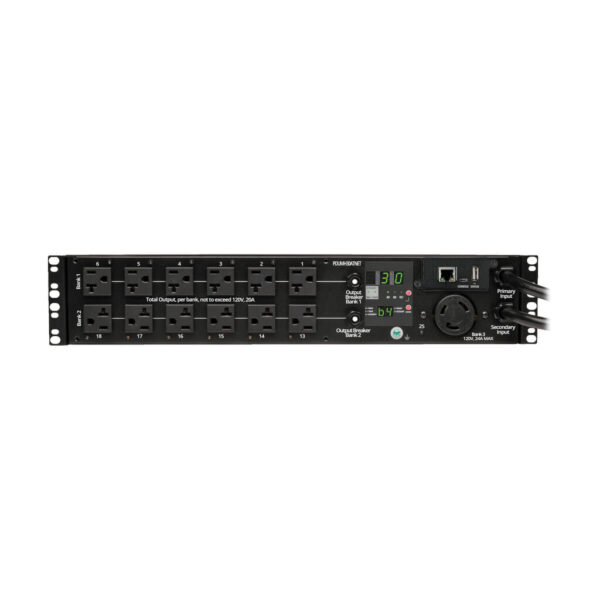 Tripp Lite series 2.9kW Single-Phase Switched Automatic Transfer Switch PDU, 2 120V L5-30P Inputs, 24 5-15/20R & 1 L5-30R Outputs, 2U, TAA