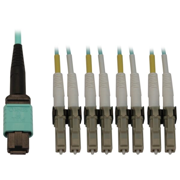 dd14e29cb9aa4299e81bdb7985f3f636-1 Tripp Lite series 40/100/400G Multimode 50/125 OM3 Fiber Optic Cable (12F MTP/MPO-PC to 4x Duplex LC/PC F/M), LSZH, Aqua, 1 m (3.3 ft.)