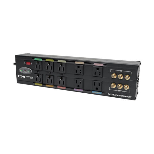 Tripp Lite series Isobar 10-Outlet Home/Business Theater Surge Protector, 8 ft. Cord with Right-Angle Plug, 3840 Joules, LEDs, Metal Housing