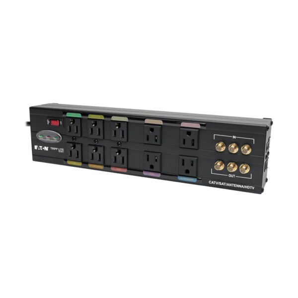 Tripp Lite series Isobar 10-Outlet Home/Business Theater Surge Protector, 8 ft. Cord with Right-Angle Plug, 3840 Joules, LEDs, Metal Housing