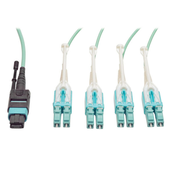 dfd560f6c2e6d42e720a231640a285dd-1 Tripp Lite series MTP/MPO Fan-out Cable with Push/Pull Tab Connectors, MTP/MPO to 4xLC, 40GbE, 40GBASE-SR4,OM3 Plenum-rated - Aqua, 2M (6.56 ft.)