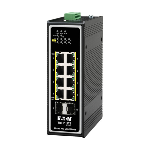 e0e1480d0923aea07f4144749716053b Tripp Lite series 8-Port Unmanaged Industrial Gigabit Ethernet Switch - 10/100/1000 Mbps, PoE+ 30W, 2 GbE SFP Slots, -40° to 75°C, DIN Mount, TAA
