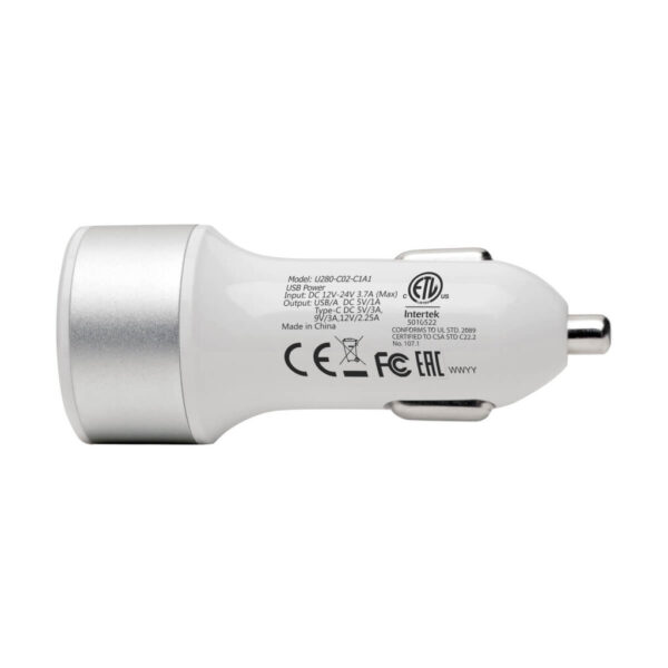 Tripp Lite series Dual-Port USB Car Charger with PD Charging - USB Type C (27W) & USB Type A (5V 1A/5W), UL 2089