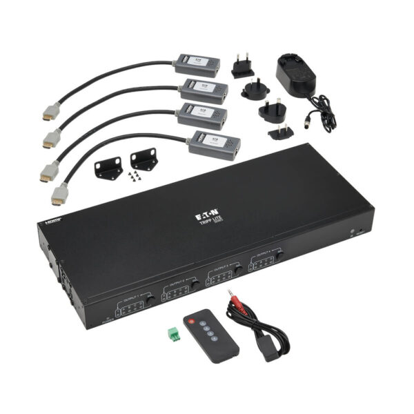 Tripp Lite series 4x4 HDMI over Cat6 Matrix Switch Kit, Switch/4x Pigtail Receivers - 4K 60 Hz, HDR, 4:4:4, PoC, 230 ft. (70.1 m), TAA