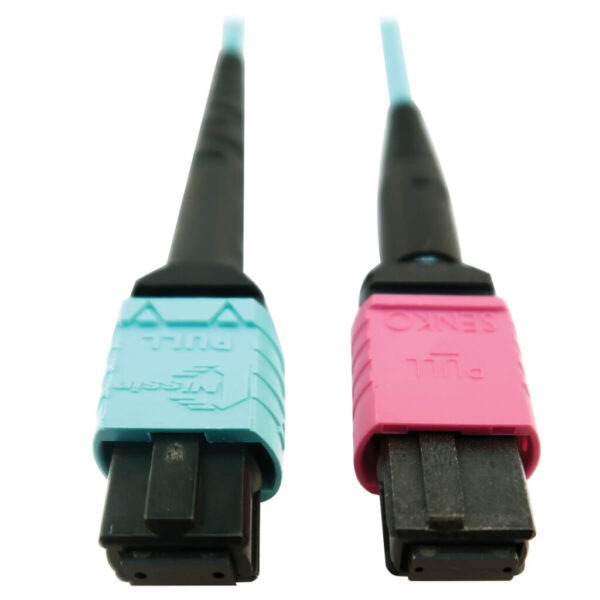 e42baf75feb86db120711957de00a15f-1 Tripp Lite series 400G Multimode 50/125 OM4 Plenum Fiber Optic Cable, 24F MTP/MPO-UPC to 16F MTP/MPO-UPC (F/F), Aqua, 3 m