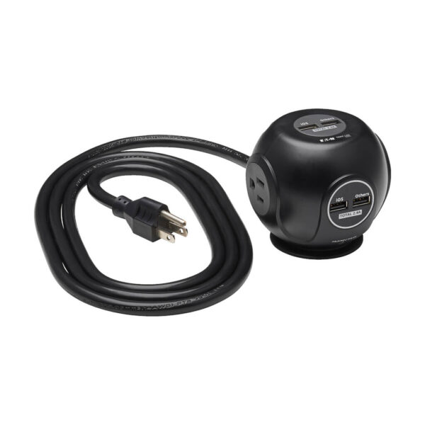 e4fc35dd368b3a11232238690692bbde Tripp Lite series 3-Outlet Spherical Surge Protector, 4 USB Ports (4.8A Shared) - 6 ft. (1.83 m) Cord, 5-15P Plug, 540 Joules, Black