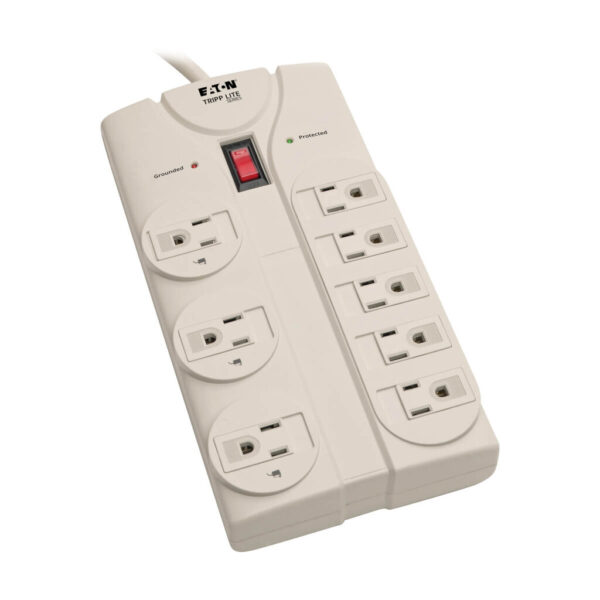 e531cc41e785da15c1aead65223058e7 Tripp Lite series Protect It! 8-Outlet Surge Protector, 8 ft. Cord with Right-Angle Plug, 1440 Joules, Diagnostic LEDs, Light Gray Housing