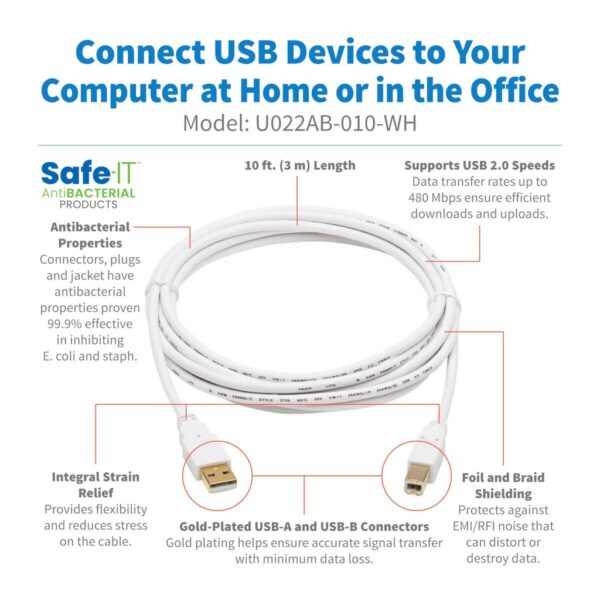 e7625dcb81eee83f42416dd7e4e1008f Tripp Lite series Safe-IT USB 2.0 A to B Antibacterial Cable (M/M), White, 10 ft. (3.05 m)