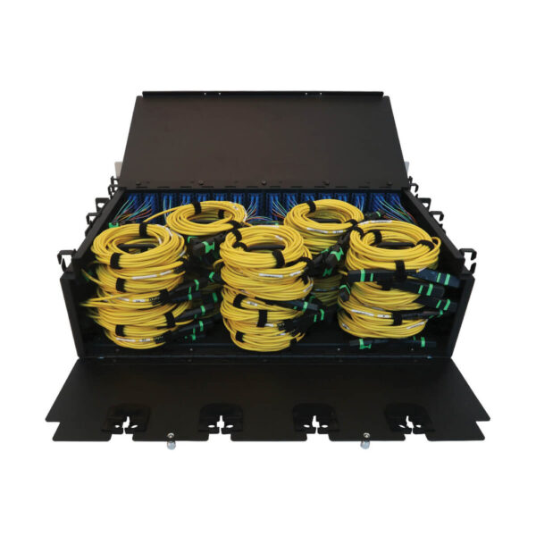 Tripp Lite series Preloaded Fiber Patch Panel, 3U - 64x (12F MTP/MPO-APC to 4x LC Duplex F/F) 8F Trunk Cables, OS2 Singlemode, 3 m (9.8 ft.)