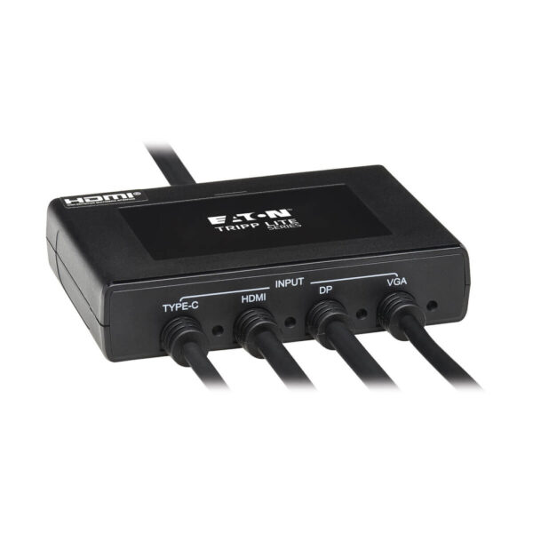 e77e62222501b647ab933d5008cf5e51 Tripp Lite series 4-Port Presentation Adapter, 4K 60 Hz (4:4:4) HDMI, DP, USB-C and 1080p VGA to HDMI, Built-In Cables, TAA