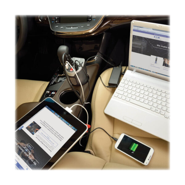 ea162ce498068a118065c6008316e735 Tripp Lite series 200W PowerVerter Ultra-Compact Car Inverter with 2 Outlets and 2 USB Charging Ports, Cup Holder Design
