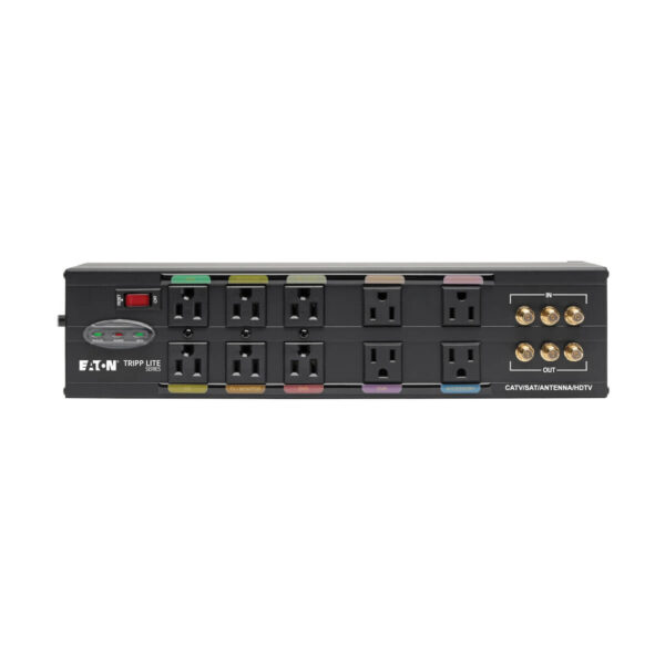 Tripp Lite series Isobar 10-Outlet Home/Business Theater Surge Protector, 8 ft. Cord with Right-Angle Plug, 3840 Joules, LEDs, Metal Housing