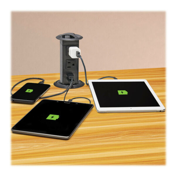 ec25e230c28fbcdedb04a630db878052 Tripp Lite series Power It! 2-Outlet Pop-Up Power and Charging Dock - 2x USB-A, 6 ft. Cord, Antimicrobial Protection, Black