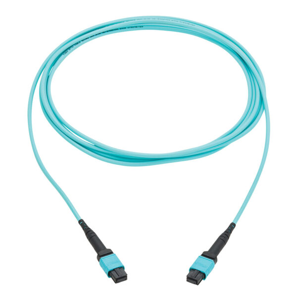 Tripp Lite series 100G Multimode 50/125 OM4 Fiber Optic Cable (12F MPO/MPO-PC F/F), Type-B Polarity, OFNP, Aqua, 5 m (16.4 ft.), TAA