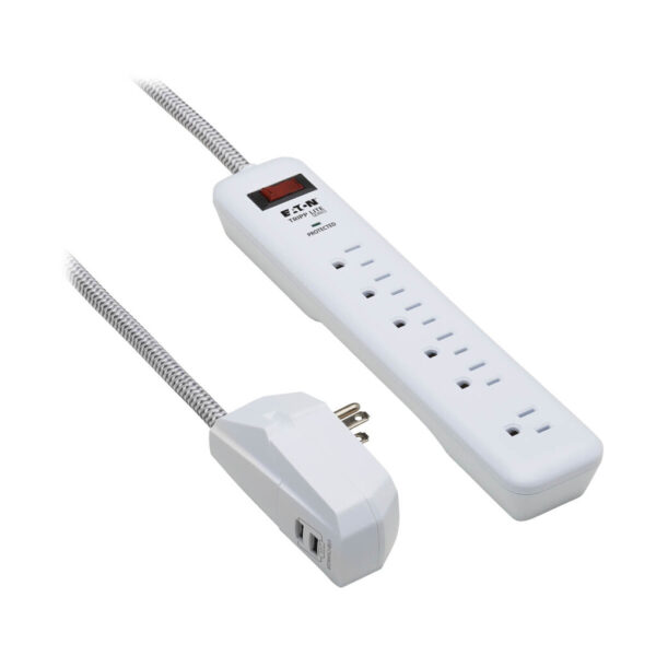 Tripp Lite 7-Outlet Surge Protector, 6 on Strip + 1 on Detachable Charger Plug, 2 USB (2.4A Shared), 900 Joules, 6 ft. Cord, 5-15P, White - TLP616USB