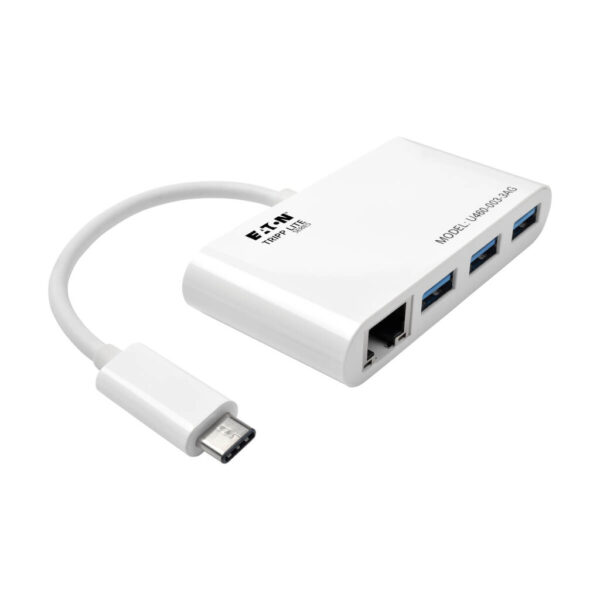 Tripp Lite series 3-Port USB 3.x (5Gbps) Hub with LAN Port, USB-C to 3x USB-A Ports and Gigabit Ethernet, White