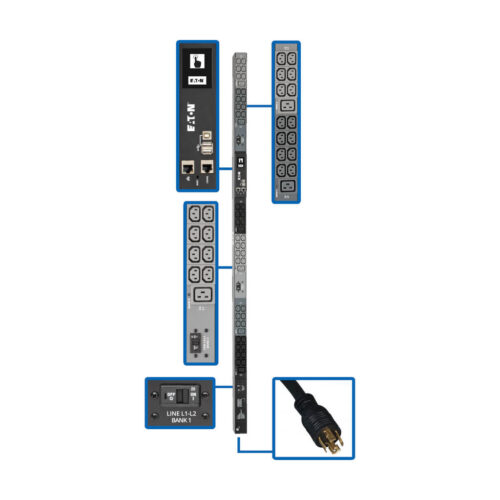 Eaton 10kW 200-240V 3PH Monitored PDU - LX Interface, Gigabit, 48 Outlets, NEMA L21-30P, LCD, 3 m Cord, 0U 1.8 m Height, TAA