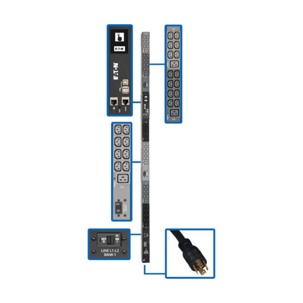 ed7ed435cd3a16090e8a306d2b1a6141 Eaton 10kW 200-240V 3PH Monitored PDU - LX Interface, Gigabit, 48 Outlets, NEMA L21-30P, LCD, 3 m Cord, 0U 1.8 m Height, TAA