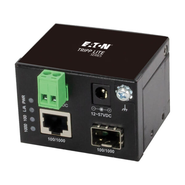 Tripp Lite series Unmanaged Industrial Gigabit Fiber to Ethernet Media Converter, 10/100/1000 Mbps, RJ45/SFP, -40° to 75°C, DC Power, TAA
