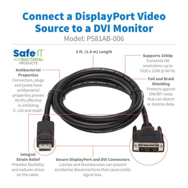 Tripp Lite series Safe-IT DisplayPort to DVI Antibacterial Adapter Cable (DP to DVI-D Single Link M/M), 1080p 60 Hz, Black, 6 ft. (1.8 m)