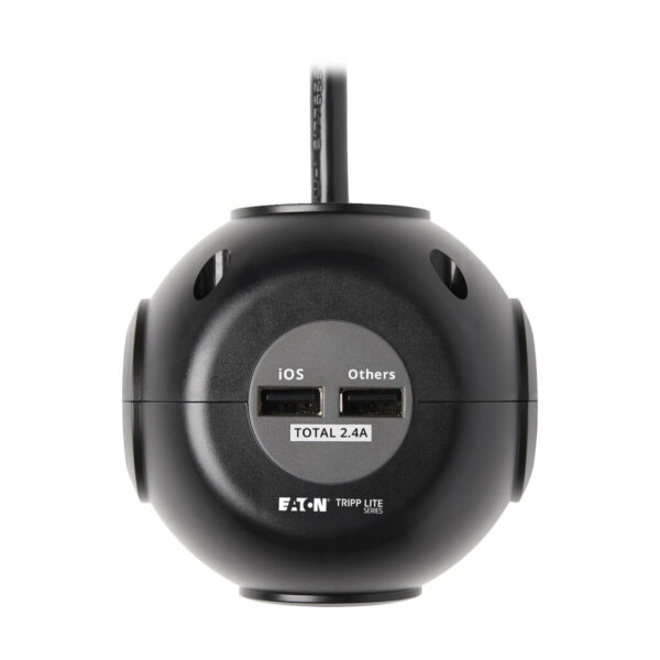 ef88a779a4380b0b2ef2ca0318c229a0 Tripp Lite series 3-Outlet Spherical Surge Protector, 4 USB Ports (4.8A Shared) - 6 ft. (1.83 m) Cord, 5-15P Plug, 540 Joules, Black