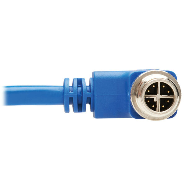 f2beb6ccea19843846e908f6abe94e91-1 Tripp Lite series M12 X-Code Cat6 1G UTP CMR-LP Ethernet Cable (Right-Angle M12 M/RJ45 M), IP68, PoE, Blue, 2 m (6.6 ft.), TAA