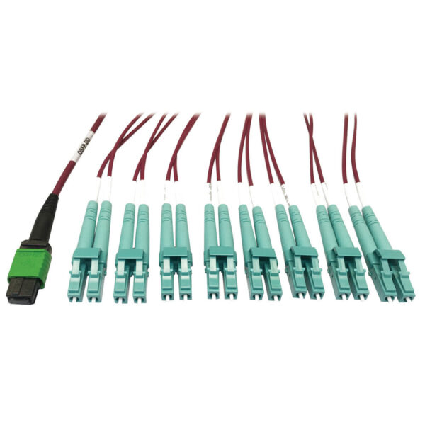 f362574240d4e1d7c0334ee562ff2c8a Tripp Lite series 400G Multimode 50/125 OM4 Plenum Fiber Optic Breakout Cable, 16F MTP/MPO-APC to (x4) LC Duplex (F/M), Magenta, 3 m