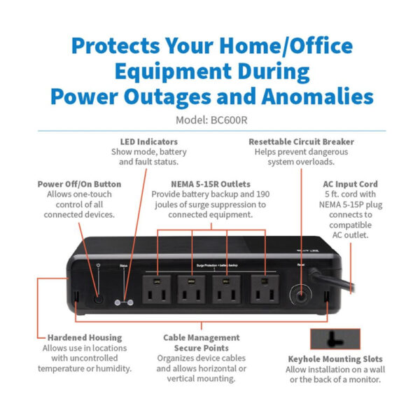 Tripp Lite series 600VA 300W 120V Standby UPS - 4 NEMA 5-15R Outlets (Surge + Battery Backup), 5-15P Plug, Desktop