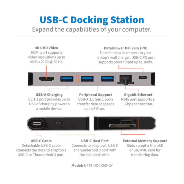 Tripp Lite series USB-C Dock - 4K HDMI, USB 3.x (5Gbps), USB-A/C Hub Ports, GbE, Memory Card, 100W PD Charging, Detachable Cord
