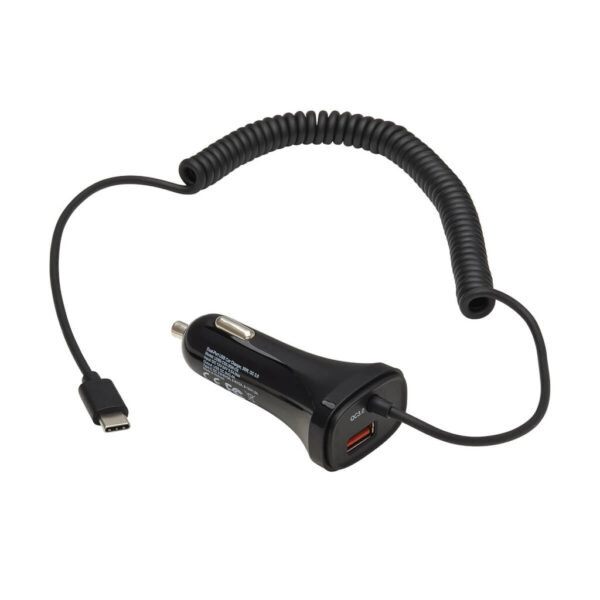 f63bbac02f6466314a984961685fc7b1 Tripp Lite series Dual-Port USB Car Charger with 30W Charging - USB-C (18W) QC 3.0, USB-A (12W), Coiled 6 ft. (1.83 m) USB-C Cable, Black