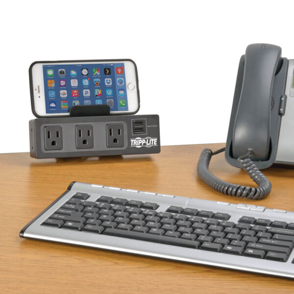 Tripp Lite series Protect It! 3-Outlet Surge Protector with Desk Clamp, 10 ft. Cord, 510 Joules, 2 USB Charging Ports, Black Housing
