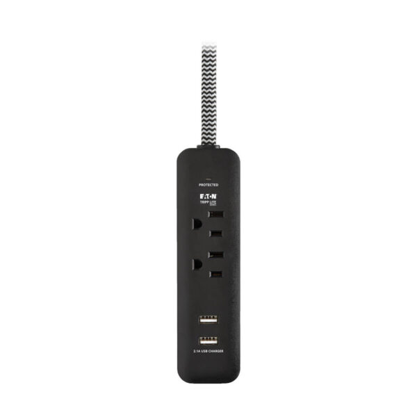 Tripp Lite series 2-Outlet Surge Protector with 2 USB Ports (2.1A Shared) - 6 ft. Cord, 5-15P Plug, 450 Joules, Black