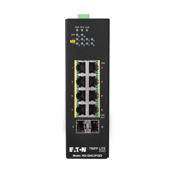 Tripp Lite series 8-Port Lite Managed Industrial Gigabit Ethernet Switch - 10/100/1000 Mbps, PoE+ 30W, 2 GbE SFP Slots, -10° to 60°C, DIN Mount, TAA